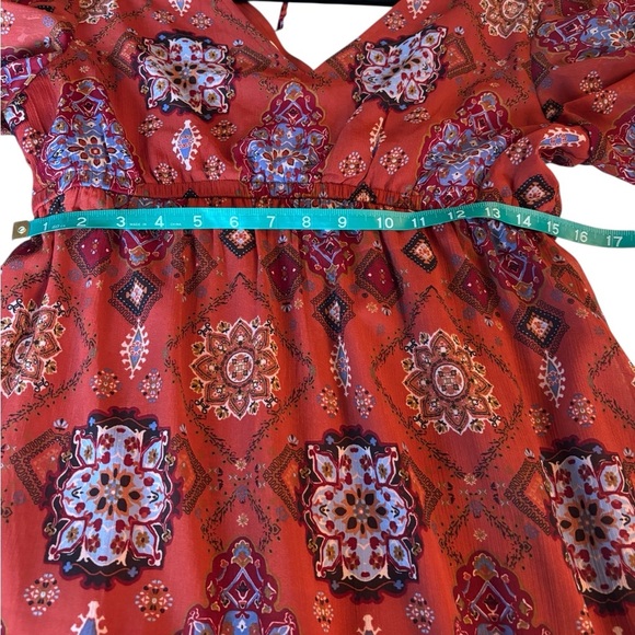 Maurice’s Medallion  Bohemian Rust High Low Patterned Midi Dress size Medium - Picture 10 of 16